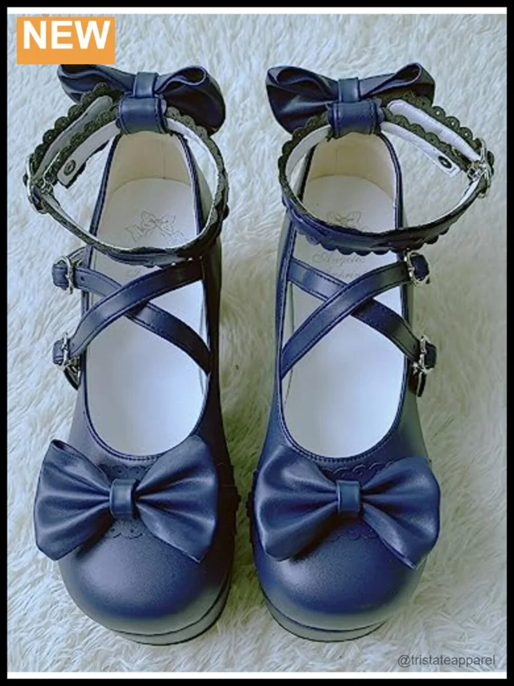 Lolita Platform Heels Ankle Strap Pumps Faux Leather Chunky Block Heel